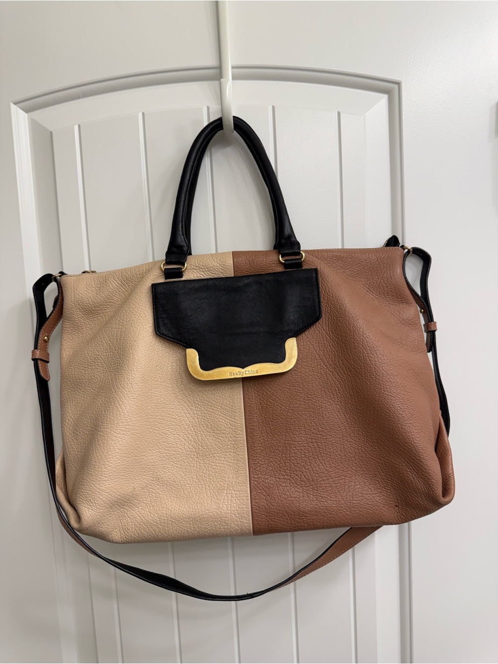 See By Chloe Two-Tone Cream and Brown Leather Tote with Black Flap